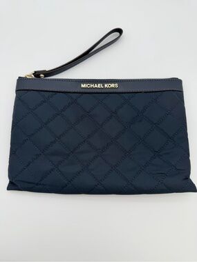 Michael Kors Navy Blue Quilted Wristlet Clutch Gold Tone Zip